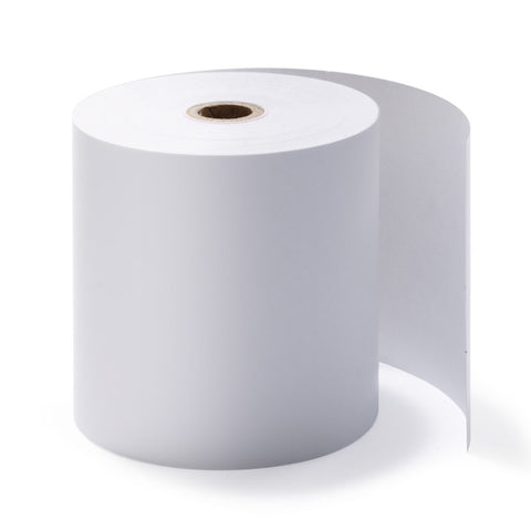 Roll of white eftpos receipt paper on a white background