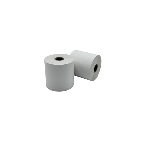 Two rolls of white eftpos receipt paper on a white background