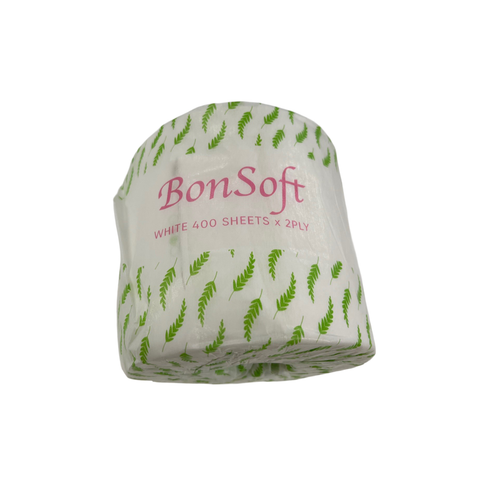 Roll of Bon Soft 2 ply toilet paper with green leaf pattern on a white background