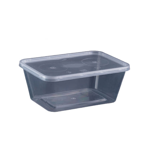 Clear plastic food container with lid on a white background