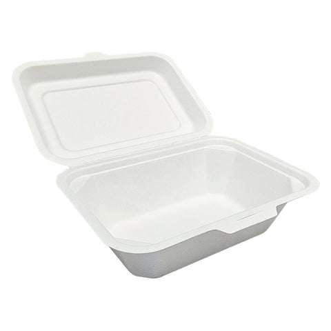 Wide Open Rectangular Sugarcane clamshell food container with a hinged lid on a white background