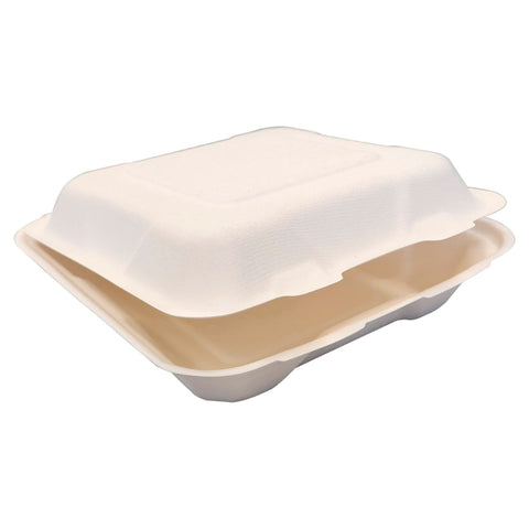 Biodegradable sugarcane clamshell takeout container on a white background