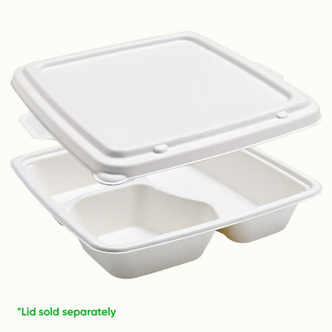 BioChoice™ 9" Meal Box 3 Compartment food container with lid on a white background