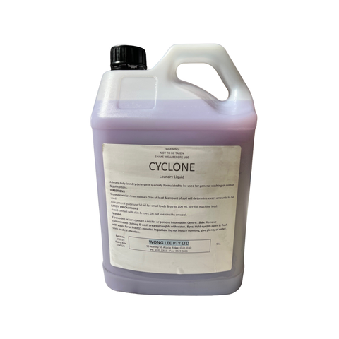 5L Bottle of Cyclone laundry liquid with a label on a white background