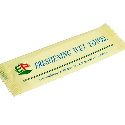Packaged freshening wet towel with brand logo on a white background