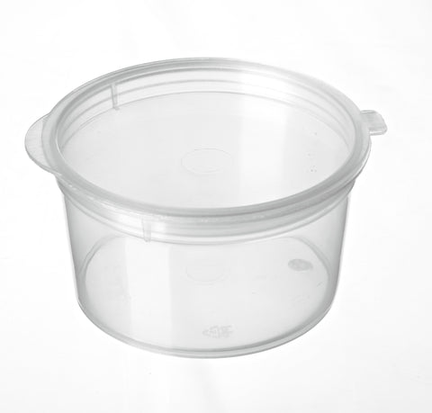 50ml Clear plastic container with hinged lid on a white background. BetterSelection™ PP Hinged Lid Portion Cup
