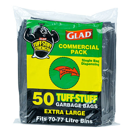 Pack of Glad Tuff-Stuff garbage bags with a green and yellow label on a white background